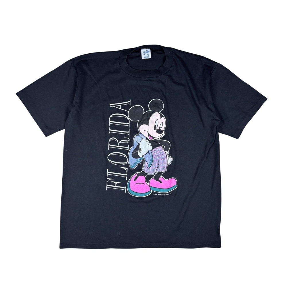 Vintage Disney Mickey‎ Mouse Florida T-Shirt Men's XL Black Velva Sheen 90s USA